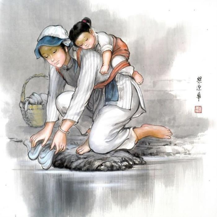 配图来自:梁洁华的国画《母爱》系列