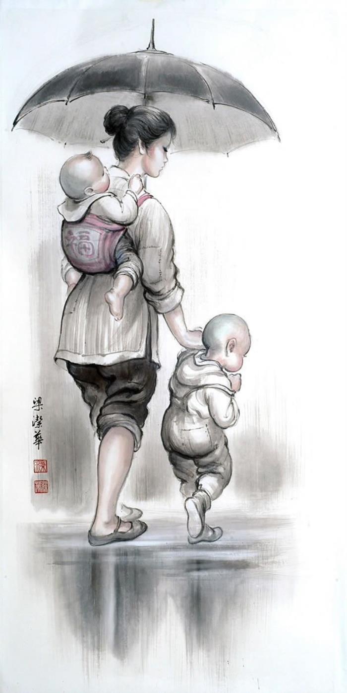 配图来自:梁洁华的国画《母爱》系列