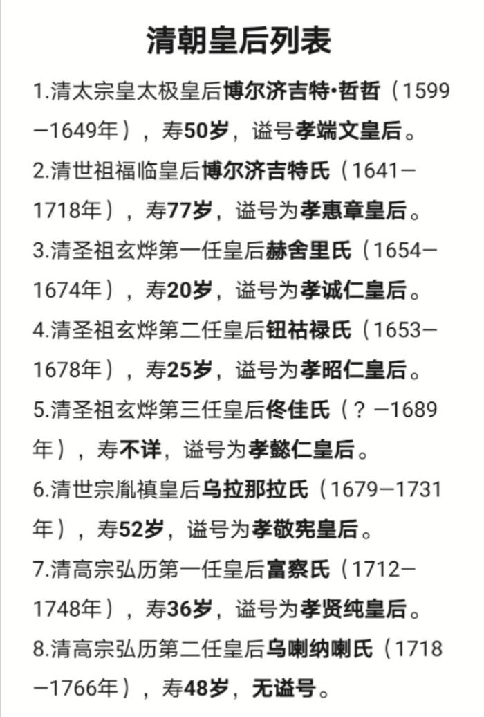 清朝皇帝后妃列表清朝16位皇后列表图